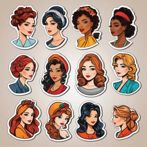 set of cosmetics icons,hairstyles,fairy tale icons,icon set,retro women,hairpieces,crown icons,meninas,hairdos,women silhouettes,hair clips,bombshells,boufflers,hair accessories,barrettes,reinas,retro pin up girls,hairdressing salon,beauty icons,social icons,Unique,Design,Sticker