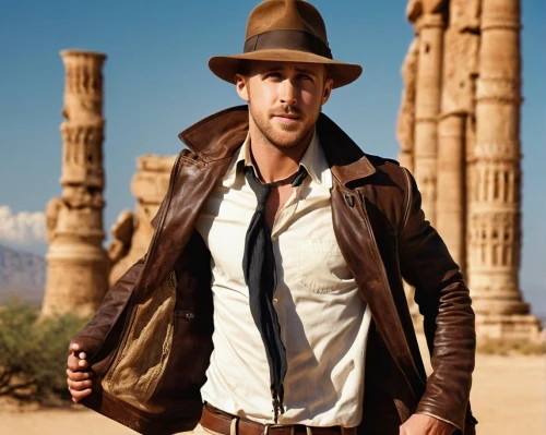 indiana jones,chmerkovskiy,archeologist,leather hat,hrithik,desert background,egyptologist,pettyfer,gigandet,archaeologist,ruggedly,waistcoat,constantine,mcdorman,westerns,decapolis,roxton,bohannon,stetson,brown hat,Illustration,American Style,American Style 04