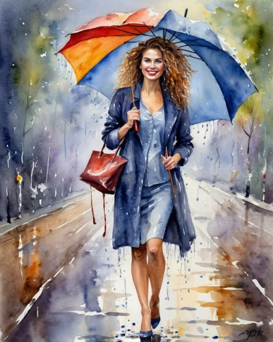 walking in the rain,watercolor painting,watercolor women accessory,oil painting on canvas,watercolor background,watercolor,watercolor pencils,umbrella,rainwear,oil painting,in the rain,watercolourist,watercolor paris,monsoon,woman walking,raincoat,donsky,watercolorist,watercolor blue,art painting,Illustration,Paper based,Paper Based 24