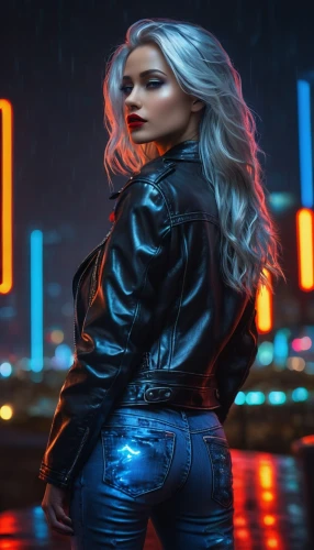 jeans background,leather jacket,denim background,femme fatale,ann,noir,denim,kolin,retro woman,leather,denim jacket,pleather,portrait background,stormy,jean jacket,neon lights,blonska,stormy blue,neon light,jacket,Conceptual Art,Oil color,Oil Color 06