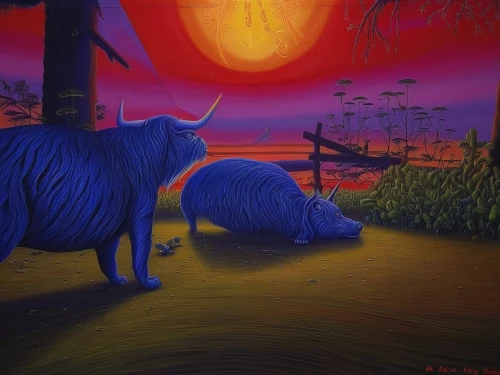 rhinos,rhinoceroses,two sheep,horned cows,kangas,armadillos,buffalo herd,marciulionis,two cows,lions couple,night scene,oil painting on canvas,whimsical animals,elephants,indigenous painting,nilgai,pair of ungulates,loving couple sunrise,metazoans,african art,Illustration,Abstract Fantasy,Abstract Fantasy 21