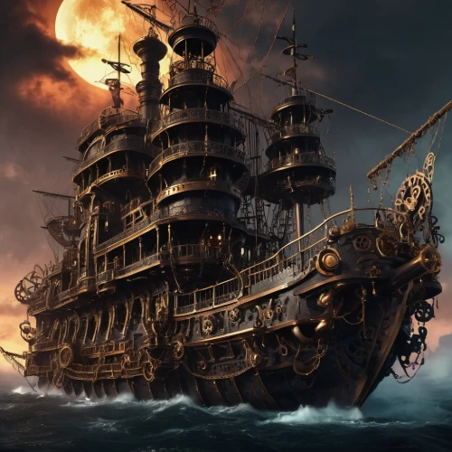 pirate ship,galleon,ghost ship,sea fantasy,whaleship,sea sailing ship,old ship,fireships,gangplank,sail ship,plundering,viking ship,fireship,pirate treasure,carrack,shipwreck,pirates,ironsides,naval battle,barbossa,Illustration,Realistic Fantasy,Realistic Fantasy 47