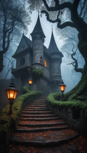 witch's house,fairytale castle,fairy tale castle,witch house,house in the forest,fantasy picture,house silhouette,fantasy landscape,fairy village,fairy house,lonely house,fairy tale,treehouses,creepy house,haunted castle,transylvania,the haunted house,ghost castle,3d fantasy,a fairy tale,Photography,Documentary Photography,Documentary Photography 25