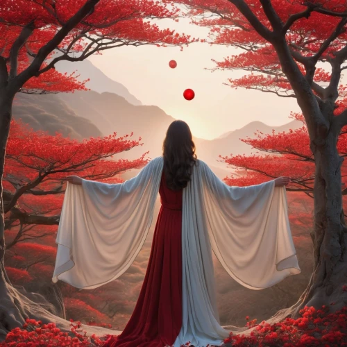 hanfu,red sun,red cape,red lantern,fantasy picture,oriental princess,world digital painting,red petals,red background,on a red background,landscape red,red riding hood,fantasy art,way of the roses,red tree,red balloon,red gown,oriental,wenhao,yiling