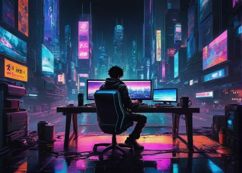 cyberpunk,cybercity,cyberscene,cyberworld,synth,cyber,cybertown,cyberia,computer,cyberpunks,cityscape,cyberian,technophobia,cyberview,cyberpatrol,cybertrader,cyberport,cybernet,colorful city,man with a computer,Illustration,Japanese style,Japanese Style 05
