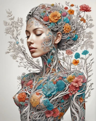 dryad,neuroplasticity,girl in flowers,fractals art,dryads,unseelie,neural pathways,arboles,girl in a wreath,flora,branching,mindspring,girl with tree,pruning,seelie,bodypainting,intergenic,symbiont,symbioses,transhuman,Illustration,Black and White,Black and White 05