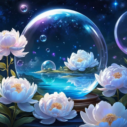 water lilies,white water lilies,waterlilies,water lotus,waterlily,lotuses,flowers celestial,flower background,flower of water-lily,water lily,pink water lilies,fantasy picture,lotus flowers,cosmic flower,lotus blossom,dreamscapes,fantasy landscape,flower water,fairy galaxy,water lilly,Illustration,Realistic Fantasy,Realistic Fantasy 01