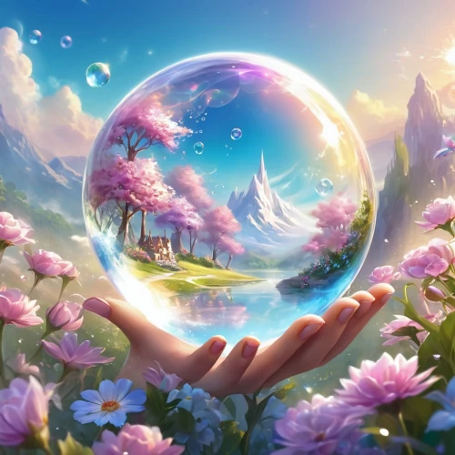 crystal ball,fairy world,crystal ball-photography,fantasy picture,crystalball,soap bubble,dream world,fantasy world,3d fantasy,fantasy landscape,glass sphere,ecosphere,children's background,soap bubbles,giant soap bubble,fantasy art,fairyland,little world,landscape background,waterglobe,Illustration,Realistic Fantasy,Realistic Fantasy 01