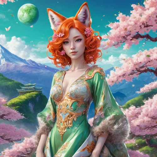 fantasy picture,kitsune,ostara,fantasy portrait,spring background,japanese sakura background,springtime background,oriental princess,fantasy art,garden-fox tail,titania,faerie,nami,fairie,faires,fairy tale character,fireheart,inara,ischua,3d fantasy,Photography,Fashion Photography,Fashion Photography 02