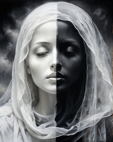 priestesses,gothic portrait,rankin,veils,white lady,veiled,norns,duality,dualities,hekate,separateness,silvered,mystical portrait of a girl,opposites,photomanipulation,sorceresses,spiritualities,converge,photo manipulation,photomontage,Illustration,Realistic Fantasy,Realistic Fantasy 17