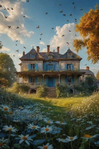 dandelion hall,home landscape,dreamhouse,beautiful home,windows wallpaper,lachapelle,maison,fantasy picture,country house,villa,ghibli,country estate,idyllic,fantasy landscape,swiss house,forest house,victorian,lonely house,abandoned house,house in the forest,Photography,General,Fantasy