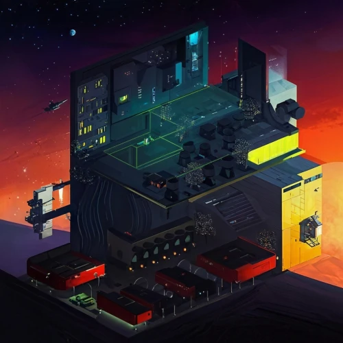 space station,research station,starbound,refinery,synth,space port,electrohome,spacebus,undocked,spaceborne,modules,mining facility,microstation,container freighter,docked,outpost,songhai,game illustration,transistor,incubators