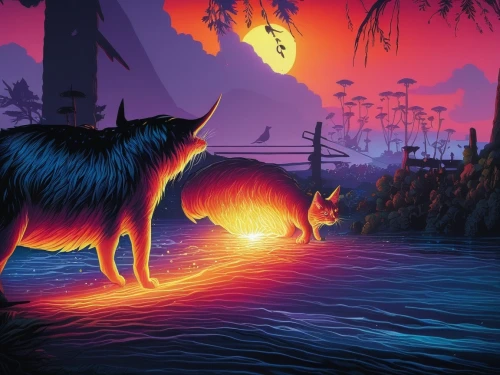 riverclan,starclan,wolves,two wolves,shadowclan,werewolve,coyotes,the wolf pit,werewolves,thunderclan,howling wolf,wolpaw,atunyote,game illustration,pleistocene,kupala,dusk background,moondogs,dog illustration,paleoenvironment,Illustration,Realistic Fantasy,Realistic Fantasy 25