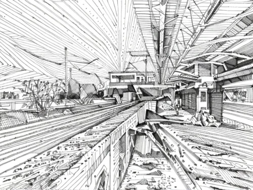 railyards,railyard,skytrains,skyrail,mono-line line art,overpass,railroads,railroad,boatyards,dockyards,skytrain,railtrack,elevated railway,vanishing point,ship yard,railway line,trains,railroad line,marshalling yard,trestle,Design Sketch,Design Sketch,Hand-drawn Line Art