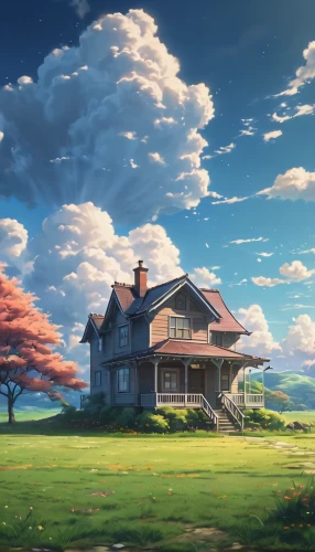 home landscape,lonely house,landscape background,dreamhouse,little house,clannad,violet evergarden,country house,sylvania,windows wallpaper,summer cottage,meadow landscape,beautiful home,house silhouette,studio ghibli,ghibli,fantasy landscape,springtime background,country estate,beautiful landscape,Photography,General,Cinematic