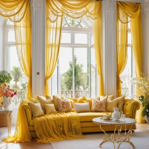 yellow wallpaper,window curtain,valances,lace curtains,curtains,curtain,a curtain,ornate room,interior decoration,bay window,sunroom,slipcovers,gold stucco frame,drapes,french windows,yellow garden,sitting room,interior decor,housedress,great room,Illustration,Abstract Fantasy,Abstract Fantasy 13