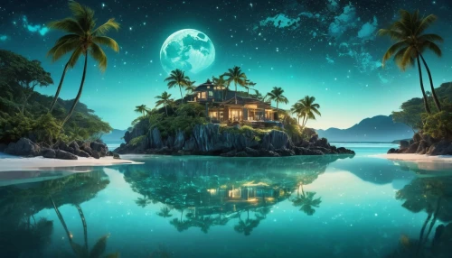 tropical house,dreamhouse,tropical island,ocean paradise,fantasy picture,moon and star background,beach house,delight island,house of the sea,islet,moonlit night,house with lake,flying island,dream beach,landscape background,house by the water,an island far away landscape,home landscape,island suspended,beachhouse,Photography,Artistic Photography,Artistic Photography 07
