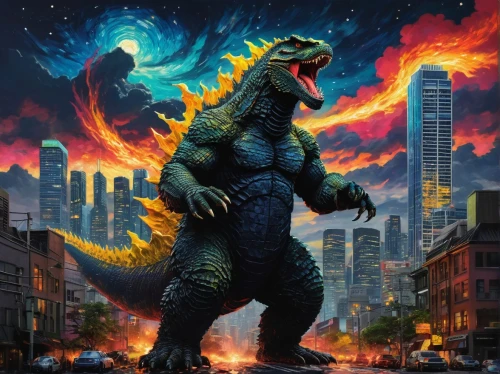 kaijuka,zilla,kaiju,spacegodzilla,upazilla,gojira,mechagodzilla,fire background,baragon,gamera,jaggi,hrdinova,ladinos,saurian,landmannahellir,tyrannosaurus,dinosaruio,trex,tyrannosaurus rex,rexrode,Illustration,Realistic Fantasy,Realistic Fantasy 07