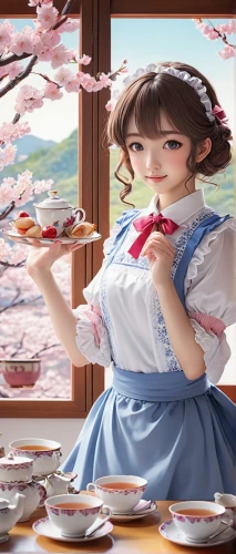 hanbok,japanese tea,japanese sakura background,flower tea,pouring tea,tea zen,tea service,blooming tea,cheongsam,guqin,hanami,asian teapot,xiaonan,teahouses,sakura background,flowering tea,chrysanthemum tea,tea ceremony,sakura blossoms,anime japanese clothing,Illustration,Realistic Fantasy,Realistic Fantasy 41