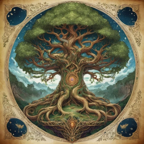 yggdrasil,celtic tree,tree of life,flourishing tree,the branches of the tree,magic tree,druidism,druidic,colorful tree of life,sacred fig,mirkwood,cernunnos,mother earth,circle around tree,ents,mantra om,bodhi tree,treepeople,the roots of trees,family tree,Illustration,Realistic Fantasy,Realistic Fantasy 02