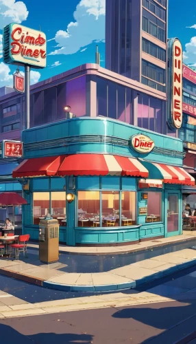 retro diner,diner,eatery,diners,riverdale,googie,sonics,komeda,archies,dennys,eateries,luncheonette,restaurants,drive in restaurant,ivars,reno,soda shop,tampopo,a restaurant,ice cream shop,Illustration,Japanese style,Japanese Style 03