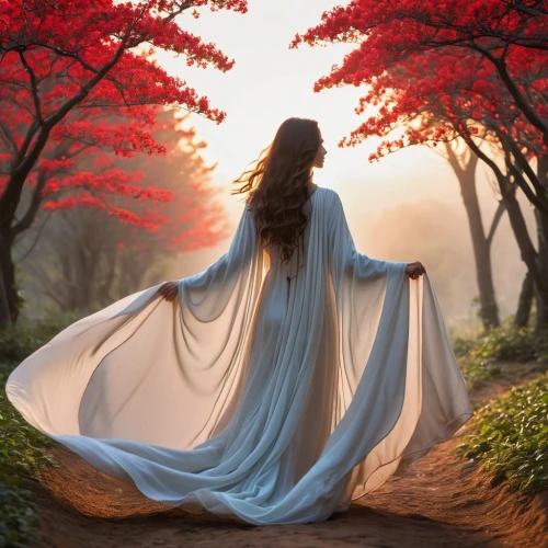 eurythmy,celtic woman,girl in a long dress,fantasy picture,red cape,gracefulness,enchantment,hanfu,blanketed,secret garden of venus,mystical portrait of a girl,awakening,persephone,faerie,enchanting,caftan,ballerina in the woods,rumi,beauty in nature,silkiness
