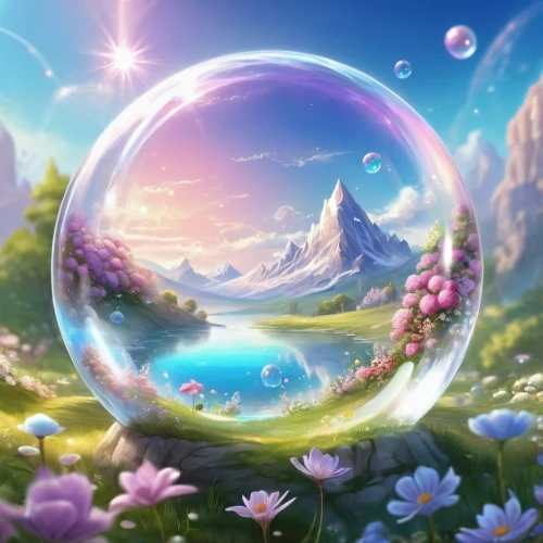 crystal ball,soap bubble,crystalball,crystal ball-photography,giant soap bubble,glass sphere,fairy world,fantasy picture,soap bubbles,lensball,frozen soap bubble,fantasy landscape,landscape background,glass ball,prism ball,children's background,ice bubble,frozen bubble,ozma,glass orb,Illustration,Realistic Fantasy,Realistic Fantasy 01
