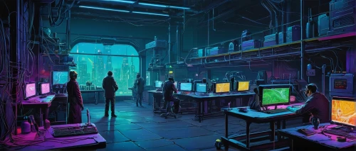 computer room,cyberpunk,cyberscene,cyberworld,cybertown,the server room,laboratory,cyberia,arcade,computerworld,cyberpunks,computerized,mainframes,game room,computer,dungeon,computer game,computer games,shadowrun,arcades,Illustration,Black and White,Black and White 22