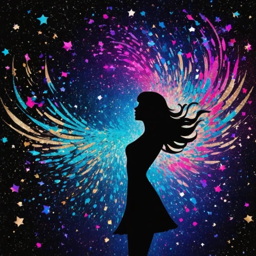 fairy galaxy,dance silhouette,fireworks background,silhouette art,fireworks art,silhouette dancer,colorful stars,falling stars,mermaid silhouette,galaxy,nebula,star winds,particle,dandelion background,falling star,spiral background,sparkler,flying sparks,woman silhouette,starry,Art,Artistic Painting,Artistic Painting 42