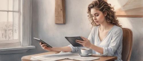 donsky,girl studying,heatherley,woman at cafe,woman drinking coffee,girl drawing,photo painting,world digital painting,blonde woman reading a newspaper,coffee and books,girl at the computer,meticulous painting,art painting,digital painting,overpainting,oil painting,painter,painting technique,watercolourist,photorealist,Illustration,Black and White,Black and White 30