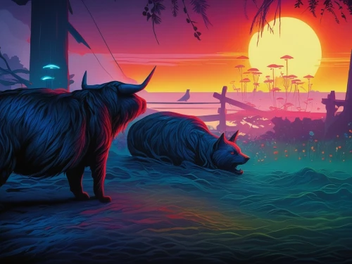 dusk background,game illustration,oxen,boars,rhinos,two cows,buffalos,world digital painting,pumbaa,sci fiction illustration,wild boar,buffalo,cartoon video game background,bison,boar,low poly,vaca,pigasus,buffalo herd,vacas,Illustration,Realistic Fantasy,Realistic Fantasy 25