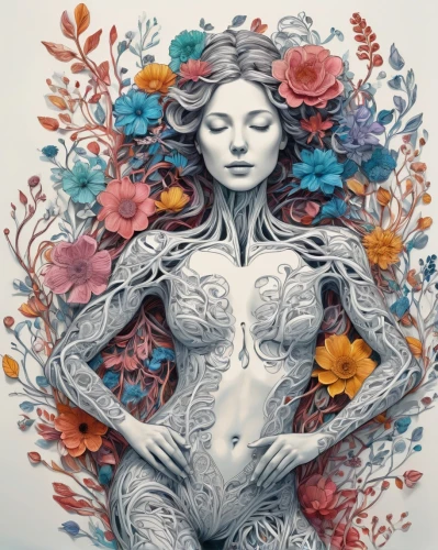 bodypainting,body painting,female body,bodypaint,flora,mother earth,to flourish,body art,girl in flowers,dryad,root chakra,vodun,mother nature,innergetic,earth chakra,vespertine,yogini,moksha,crown chakra flower,symbioses,Illustration,Black and White,Black and White 05