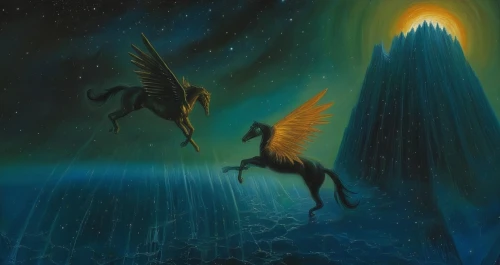 pegasus,pegasys,sleipnir,constellation unicorn,mcquarrie,samuil,monoceros,cheval,bellerophon,pegaso,unicorn art,nighthorse,golden unicorn,constellation centaur,psygnosis,nacht,fantasy picture,huyghe,caballos,tretchikoff,Illustration,Realistic Fantasy,Realistic Fantasy 03