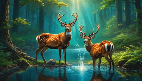 european deer,deer illustration,forest animals,fantasy picture,deer,deer in tears,nature background,nature wallpaper,deers,glowing antlers,gold deer,deer with cub,forest background,elk,forest animal,whitetails,fawns,stag,woodland animals,rehe,Photography,General,Fantasy