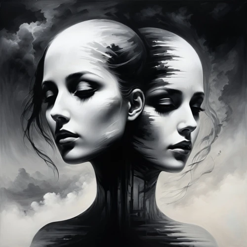 gothic portrait,duplicity,rankin,mirror image,dualities,duality,split personality,priestesses,dualism,savickas,canonesses,yinyang,meridians,dark art,mirror of souls,opposites,westerfeld,surrealist,heads,idealised,Illustration,Realistic Fantasy,Realistic Fantasy 17