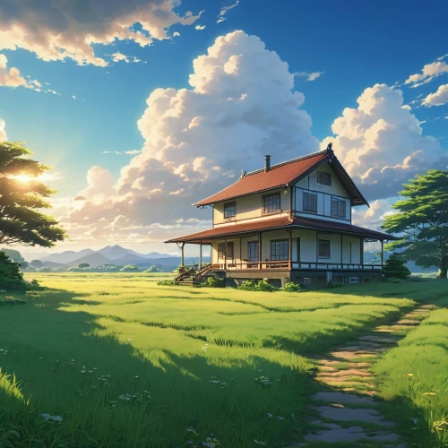 home landscape,landscape background,lonely house,clannad,windows wallpaper,studio ghibli,dreamhouse,ghibli,summer cottage,beautiful home,house silhouette,little house,meadow landscape,violet evergarden,japan landscape,wooden house,idyllic,cartoon video game background,roof landscape,full hd wallpaper,Photography,General,Realistic