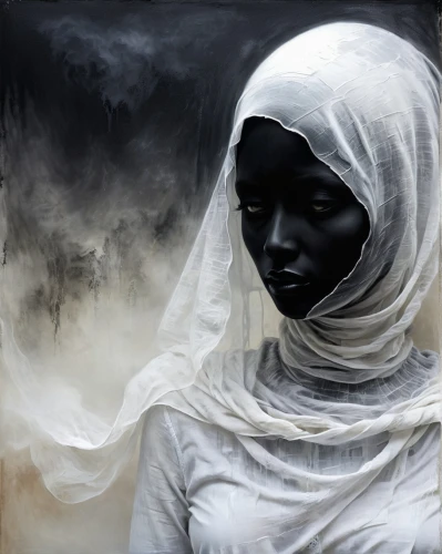veiled,veils,mystical portrait of a girl,isoline,world digital painting,shrouded,white lady,muslin,girl in cloth,black landscape,veil,charcoal drawing,digital painting,tuareg,grisaille,oil painting on canvas,shrouds,tangiers,veiling,girl with cloth,Illustration,Realistic Fantasy,Realistic Fantasy 17