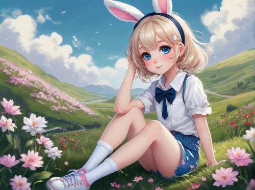 fionna,springtime background,spring background,clover meadow,bunny,eloise,easter background,flower background,little bunny,usagi,white bunny,bun,bunnie,field of flowers,sakamaki,blooming field,tsukiko,bloomie,clover blossom,portrait background,Conceptual Art,Fantasy,Fantasy 34