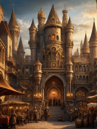 diagon,fairy tale castle,fantasyland,hogwarts,fantasy city,gold castle,castle of the corvin,fairytale castle,gondolin,hogsmeade,fantasy art,beleriand,3d fantasy,riftwar,fantasy world,castlelike,disneyland park,magic castle,fantasy picture,disney castle,Illustration,Realistic Fantasy,Realistic Fantasy 13