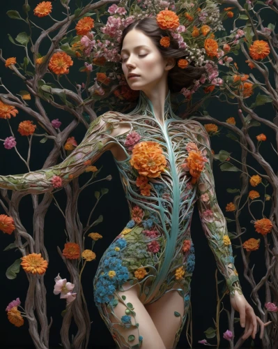 jingna,girl in flowers,bodypainting,flora,bodypaint,body painting,dryad,heatherley,ophelia,beautiful girl with flowers,biophilia,faerie,viveros,flower fairy,girl in the garden,dryads,falling flowers,body art,elven flower,fallen petals,Art,Artistic Painting,Artistic Painting 32