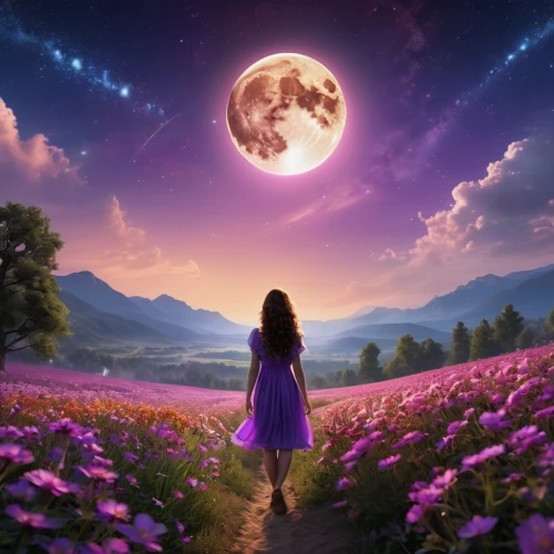 purple moon,purple landscape,fantasy picture,moon and star background,blue moon rose,dream world,dreamscape,moonbeams,dreamtime,la violetta,phase of the moon,moonwalked,sky rose,moonflower,moonchild,dreamscapes,valley of the moon,moonlight,moonlit night,moon shine,Photography,General,Realistic