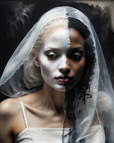 dead bride,the bride,white lady,bride,veiled,gothic portrait,veils,ghostley,mystical portrait of a girl,sposa,the angel with the veronica veil,world digital painting,obatala,gothika,african american woman,hekate,pernicious,digital painting,dark art,brides,Illustration,Realistic Fantasy,Realistic Fantasy 17