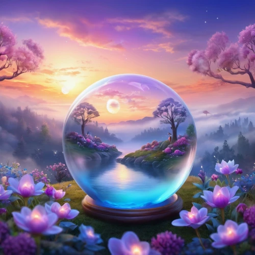 crystal ball-photography,crystal ball,fantasy picture,fairy world,glass sphere,fantasy landscape,crystalball,3d fantasy,dream world,wonderlands,soap bubble,landscape background,mirror in the meadow,lensball,glass ball,frozen soap bubble,soap bubbles,little world,frozen bubble,prism ball,Illustration,Realistic Fantasy,Realistic Fantasy 01