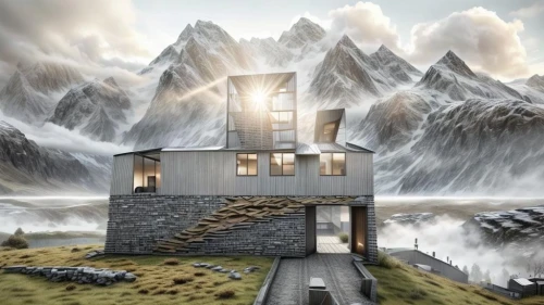 house in mountains,house in the mountains,inverted cottage,mountain hut,house with lake,virtual landscape,the cabin in the mountains,cubic house,electrohome,3d rendering,dreamhouse,miniature house,cube stilt houses,softimage,cartoon video game background,lonely house,hydropower plant,cube house,house by the water,mountain huts