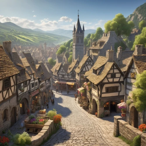 highstein,medieval town,alpine village,sylvania,townscapes,knight village,escher village,eltz,riftwar,rattay,rodenburg,nargothrond,toussaint,arenanet,aurora village,thun,canterville,townsmen,fantasyland,medieval street,Art,Artistic Painting,Artistic Painting 50