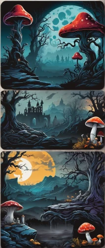 mushroom landscape,backgrounds,cartoon video game background,cool backgrounds,background design,mushroom island,panoramas,futuristic landscape,world digital painting,art background,youtube background,fantasy landscape,glass painting,backgrounds texture,murals,mousepads,halloween background,fantasy art,airships,banner set,Unique,Design,Sticker