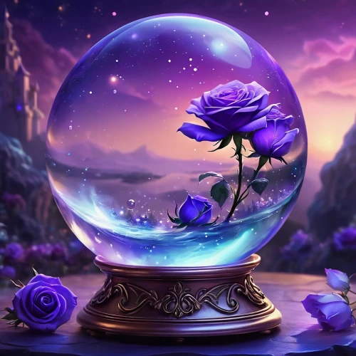 crystal ball-photography,crystal ball,purple rose,crystalball,glass sphere,purple wallpaper,fantasy picture,blue moon rose,purple,crystal egg,3d fantasy,dreamstone,schwarzschild,waterglobe,violette,blue rose,glass orb,la violetta,glass ball,purple moon,Illustration,Realistic Fantasy,Realistic Fantasy 01