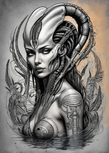 giger,gorgon,medusa,kadath,hathor,demoness,hekate,sedna,vril,syren,sirian,inanna,kerrii,starcraft,nyarlathotep,nephthys,gynoid,saturnian,seti,alien warrior,Illustration,Black and White,Black and White 32