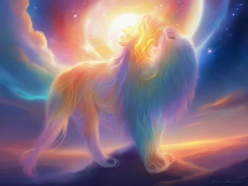 pegasi,starclan,constellation wolf,constellation unicorn,unicorn background,unicorn art,fireheart,celestia,rainbow unicorn,howling wolf,sun moon,pegasys,simorgh,colorful horse,lorien,light bearer,golden unicorn,patronus,pegasus,unicorn,Illustration,Realistic Fantasy,Realistic Fantasy 01