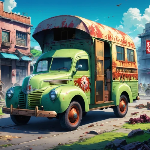 rust truck,retro vehicle,cartoon video game background,food truck,pottruck,mail truck,red bus,cartoon car,delivery truck,vwbus,delivery trucks,battery food truck,school bus,cuba background,jalopy,topolino,game illustration,ford truck,kombi,retro automobile,Illustration,Japanese style,Japanese Style 03